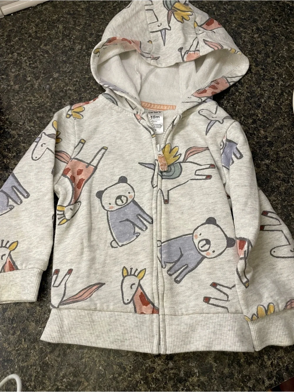 Carter's Light Gray Hoodie with Pastel Animal Print